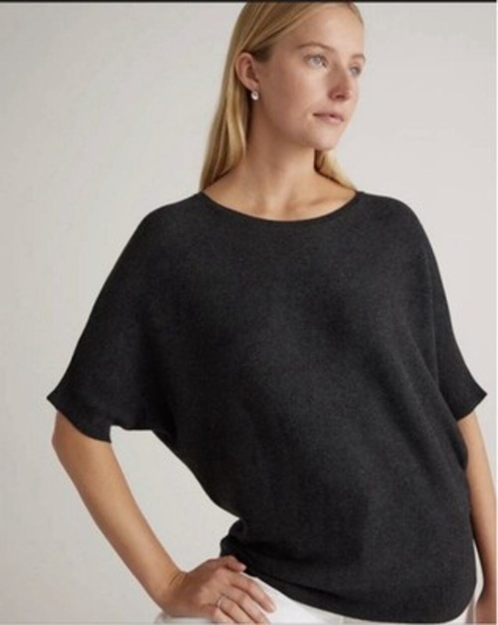 NWT Quince Lightweight Cotton Cashmere Link Stitch Dolman Sweater Black Size Med
